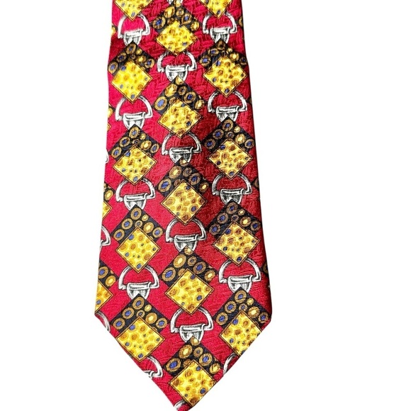 Celine Red & Gold Horse Bit 100% Silk Men’s Neck Tie - Picture 3 of 11